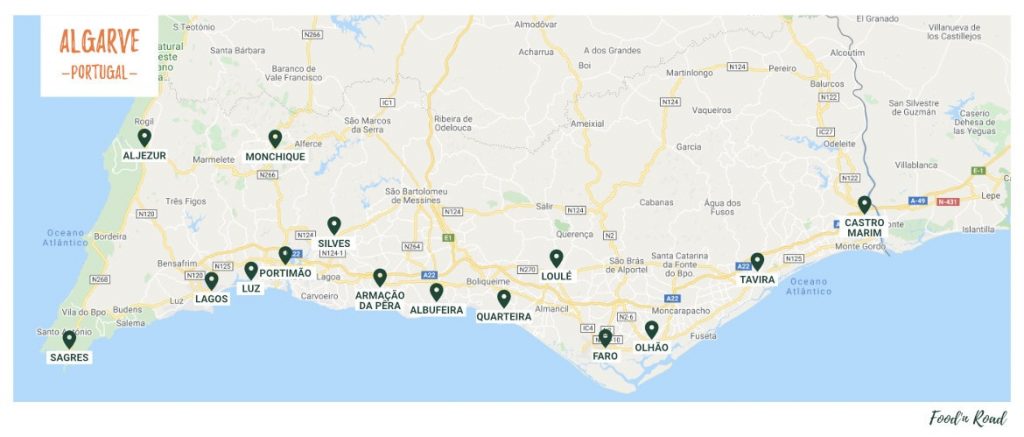 Um mapa com marcadores de localização das principais cidades do Algarve