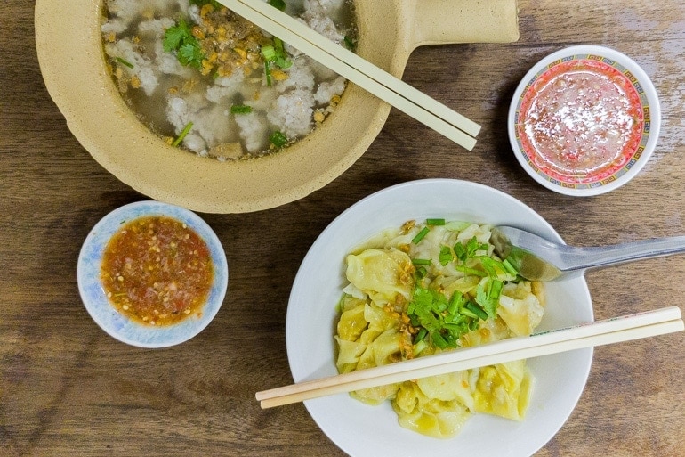 Wonton in soup and dry, Thai food with Chinese influence