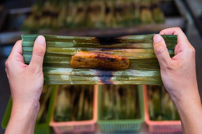 Traditional fish cake wrapped in banana leaf and grilled