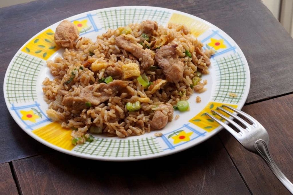 peruvian chaufa rice on a plate, very popular fried rice dish in Peru