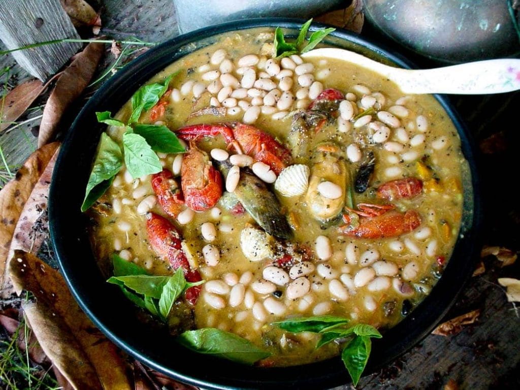 Feijoada de Mariscos Portuguesa with seafood and white beans typical of Portugal