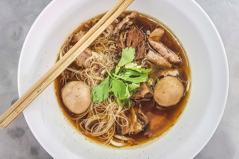 A bowl of Kuay Teow Neua, beef noodle soup popular in Bangkok