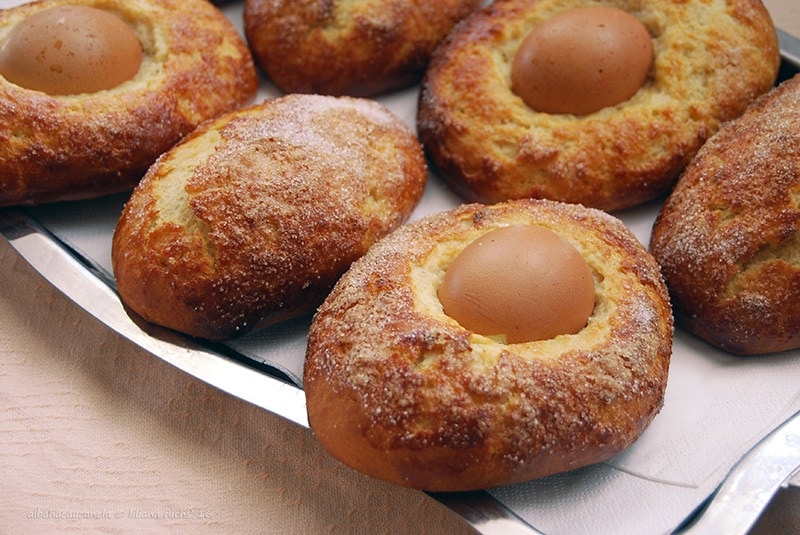 spanish brioches decorated with boiled eggs made especially for easter