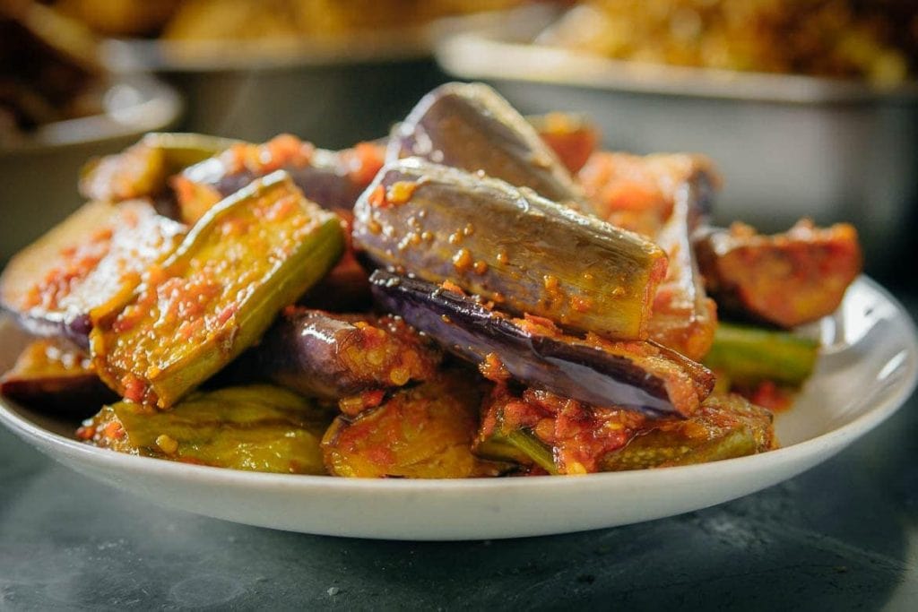 Indonesia vegeterian dish of eggplant with chilli sauce sambal